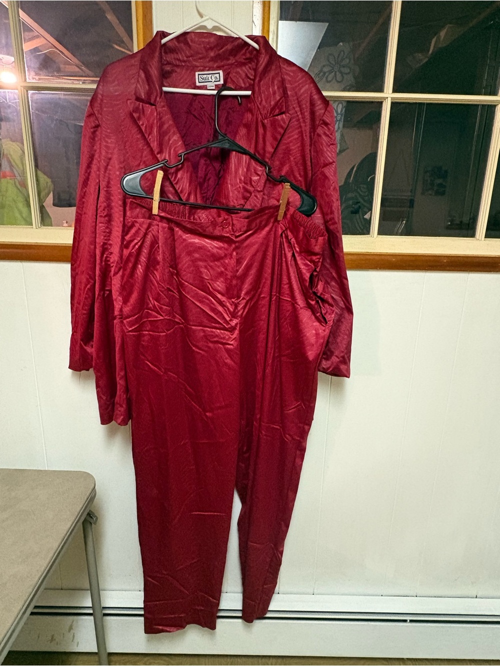 Women's Wine Satin Pantsuit - Tailored Blazer & Straight Leg Pants